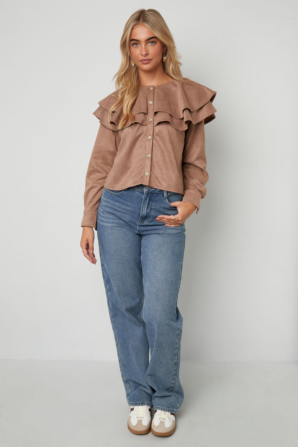 Woven Polyester Fiber Vrouwen Blouse Elegant Ruffle Trim