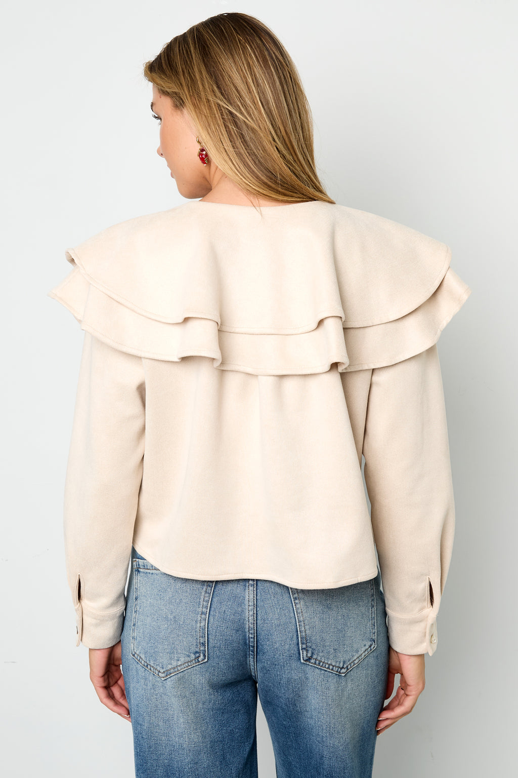 Woven Polyester Fiber Vrouwen Blouse Elegant Ruffle Trim